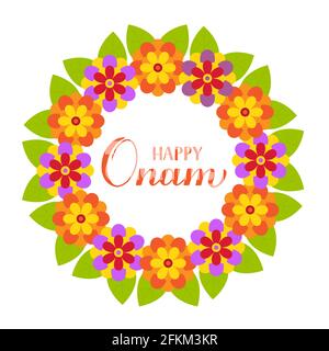Happy Onam Kalligraphie Handschriftzug auf bunten Blumen Rangoli. Südindisches Kerala traditionelles Festival. Vektorvorlage für Banner, Typografie Pos. Stock Vektor