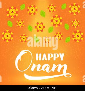 Happy Onam Kalligraphie Hintergrund mit Hand Schriftzug. Südindisches Kerala traditionelles Festival. Vektorvorlage für Banner, Typografie-Poster, Greeti Stock Vektor