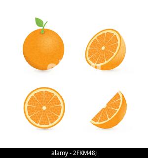 Satz von vier frischen Orangen verschiedene Ansichten (ganze, Hälfte, Scheibe, Kegel) mit grünem Blatt. Natürliche Bio-Früchte isoliert auf weiß. realistische 3d-Orange ve Stock Vektor