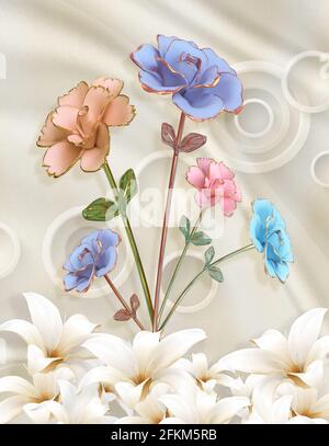 3d Blumen Zweige in Seide Hintergrund und goldenen Blumen. Für Leinwand Wandrahmen Dekor. Stockfoto