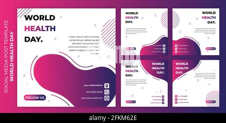 World Health Day Design mit Social Media Post Vorlage. Set von Social Media Post Vorlage mit lila Design. Gute Vorlage für Web-Banner oder online Stock Vektor