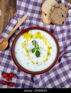 Cacik (traditionelle türkische Joghurt-Tapas). Traditionelles türkisches Getränk Cacik oder Tzatziki . hergestellt aus Joghurt und Gurken. Stockfoto