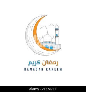 Weiße Moschee auf dem Mond Vektor-Illustration. Line Art Design von Moschee und Mond. Ramadan Kareem Design. arabischer Text bedeutet ramadan Kareem. Gute temp Stock Vektor