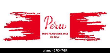 Peru Independence Day Kalligraphie Handschriftzug mit roten Pinselstrichen. Peruanischen Feiertag gefeiert am 28. Juli. Vektorvorlage für Typografie-Poster Stock Vektor
