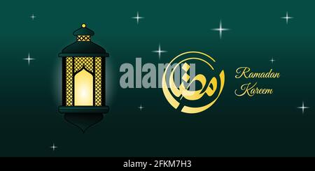 Ramadan Kareem-Design mit beleuchteten Laternen-Vektor-Illustration. arabischer Kalligrafietext bedeutet Ramadan. Grünes Hintergrunddesign. Gute Vorlage für Ramada Stock Vektor