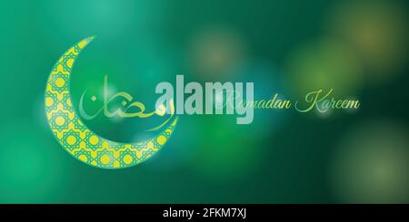 Ramadan Kareem Design mit grünem Hintergrund. Grüner Hintergrund mit Bokeh Lichter Design. arabischer Text bedeutet ramadan. Gute Vorlage für Hintergrund oder w Stock Vektor