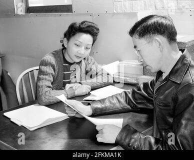 Fumiko Hirata, am Schreibtisch sitzend, mit Blick auf Herrn Mumsumoto, der ein Dokument liest, Manzanar Relocation Center, Kalifornien, USA, Ansel Adams, Manzanar War Relocation Center Collection, 1943 Stockfoto