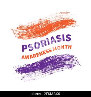 Psoriasis Awareness Month Typografie Poster mit Schriftzug und Orange und Lavendel Pinselstrich. Medizinisches Banner mit Informationen über dermatologische Probleme Stock Vektor