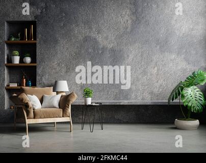 Wohnzimmer Innenstil Loft auf leeren Betonwand Hintergrund, 3d Rendering Stockfoto