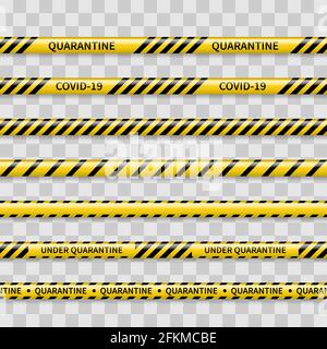 COVID-19-Warnbänder unter Quarantäne stellen. Set aus 9 realistischen, nahtlosen Warnbändern, isoliert auf transparentem Hintergrund. Schwarze und gelbe Streifen. Vektor Stock Vektor