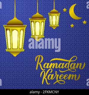 Ramadan Kareem Kalligrafie-Schriftzug in Gold und Laternen auf blauem arabischem Musterhintergrund. Plakat zur Typografie des heiligen muslimischen Monats. Vektorvorlage für Isl Stock Vektor