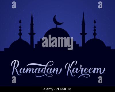 Ramadan Kareem Kalligraphie Schriftzug und Silhouette der Moschee gegen den Nachthimmel. Muslim heiligen Monat Konzept. Vektor-Vorlage für islamische traditionelle po Stock Vektor