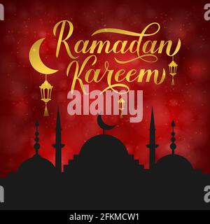 Ramadan Kareem Kalligraphie Schriftzug und Silhouette der Moschee auf rotem Hintergrund. Muslim heiligen Monat Konzept. Vektor-Vorlage für islamische traditionelle po Stock Vektor