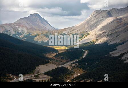 Blick auf die Berge Mount Wilcox und Nigel Peak und Wilcox Pass im Herbst, Parker Ridge, Sunwapta Pass, Icefields Parkway, Jasper National Park Stockfoto