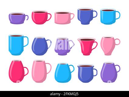 Set von Vorlage Keramik bunte Tassen rosa, blau. Tassen mit Kaffee, Mockup-Symbol. Verschiedene Art Behälter flach Cartoon-Stil mit Platz für Design-Logo, Etikett, Teehaus Shop-Menü. Vektorgrafik Stock Vektor