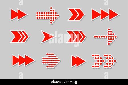 Flache rote Papier-Pfeil-Aufkleber mit Schatten, Symbole gesetzt. Cursorbeschriftungen, Piktogramm des Navigationszeichens. Verkaufspreiszeiger. Infografik. Infografik Element Cursor nach rechts. Isolierte Vektordarstellung Stock Vektor