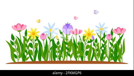 Frühling Border Blumen mit Schmetterling in flachen Cartoon-Stil. Frühe Blüten wachsen im Gras. Bunte Tulpe, Kamille. Wald Natur Frühling Landschaft Design Element. Isolierte Vektordarstellung Stock Vektor