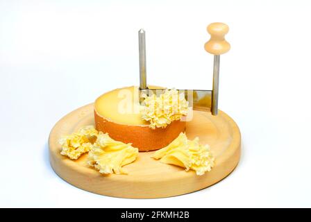 Käse 'Tete de Moine' mit rotierendem Messer Girolle, Käsebrosetten, Mönchskopf Stockfoto
