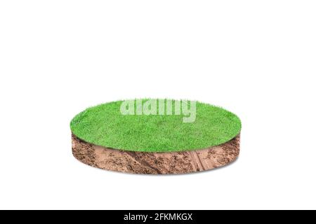 Querschnitt durch runden Boden mit Gras isoliert auf weißem Hintergrund. 3d-Illustration, 3D-Rendering Stockfoto