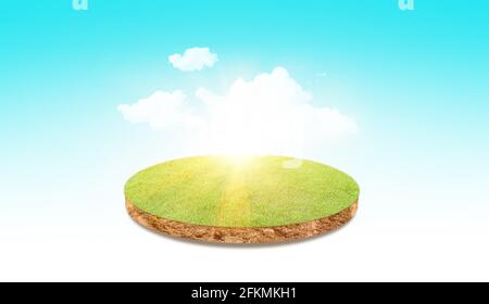 Querschnitt durch runden Boden mit Gras über blauem Himmel Hintergrund. 3d-Illustration, 3D-Rendering Stockfoto