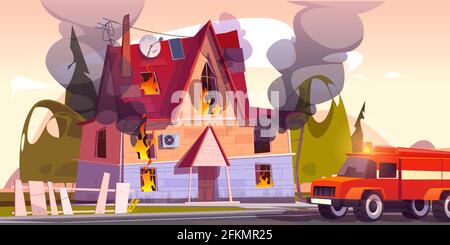 Feuerwehrauto am brennenden Haus, Vorstadthaus in Flammen mit langen Zungen. Gefährlicher Unfall zu Hause, Feuerwehrfahrzeug in der Nähe lodernden ländlichen Gebäude oder Wohnung, Cartoon-Vektor-Illustration Stock Vektor