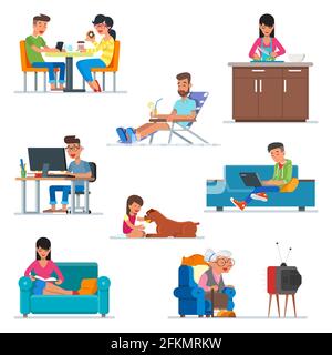 Vektor-Set von Comic-Figuren im flachen Stil Design. Ein Paar im Café, eine Frau, die in der Küche kocht, ein Typ, der mit dem Computer arbeitet, ein Mädchen, das spielt Stock Vektor
