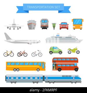 Vektor-Satz von verschiedenen Transportfahrzeugen isoliert auf weißem Hintergrund. Ikonen des urbanen Verkehrs im flachen Design. Stock Vektor