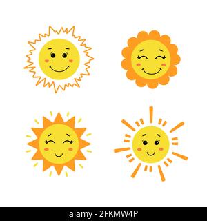 Set von niedlichen handgezeichneten Sonne. Gelbe lustige Sonnen mit verschiedenen Emotionen isoliert auf weißem Hintergrund. Vektor kindliche Illustration in flachen Cartoon-Stil Stock Vektor