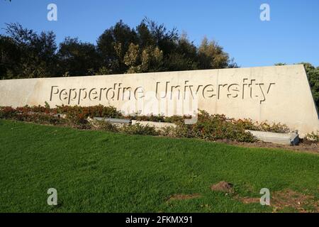 Ein Schild am Eingang der Pepperdine University, Sonntag, 2. Mai 2021, in Malibu, Kalif. Stockfoto