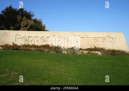 Ein Schild am Eingang der Pepperdine University, Sonntag, 2. Mai 2021, in Malibu, Kalif. Stockfoto