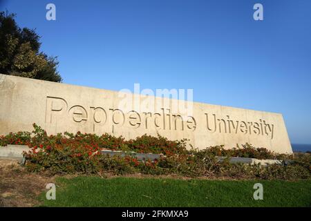 Ein Schild am Eingang der Pepperdine University, Sonntag, 2. Mai 2021, in Malibu, Kalif. Stockfoto