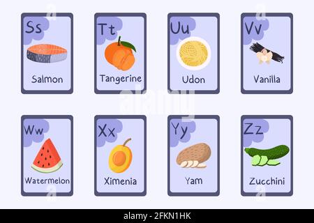 Farbenfroher Buchstabe S, T, U, V, W, X, Y, Z - Lachs, Mandarine, udon, Vanille, Wassermelone, ximenia, Yam Zucchini Food Themen Karten für den Unterricht mit Lebensmitteln Gemüse Früchte Nüsse Stock Vektor