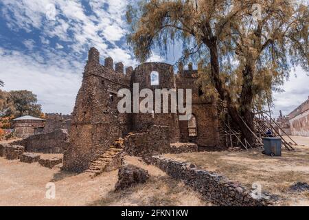 Ruinen der berühmten afrikanischen Burg Fasil Ghebbi, Königliche Festung-Stadt in Gondar, Äthiopien. Der Kaiserliche Palast wird Camelot of Africa genannt. UNESCO World Herita Stockfoto