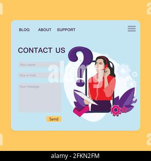 Kontaktseite für Feedback, Website-Seite, Benutzeroberfläche für Kundenansprüche, Support-Formular für Kommunikation, Serviceanruf, E-Mail und Nachricht. Vektorgrafik Stock Vektor