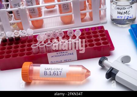 Untersuchung der neuen SARS-Cov-2-Variante in Indien namens B.1.617 im Labor, Stamm Maharastra, konzeptuelles Bild. Stockfoto