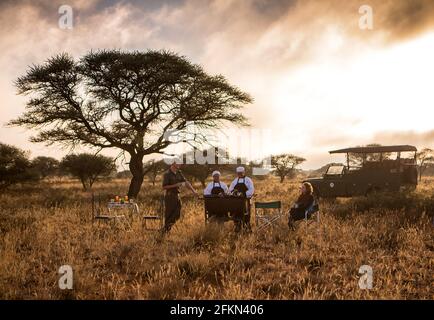 Tourist, der auf einer Safari-Wildfahrt im Mokala Game Reserve, Nordkap, Südafrika, ein Mittagessen zubereitet Stockfoto