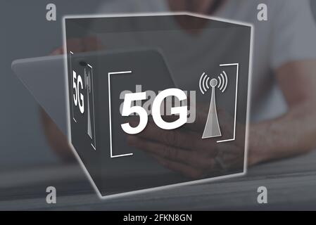 5g-Konzept mit einem Bild im Hintergrund Stockfoto