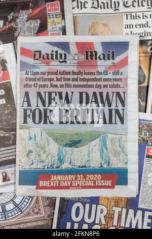Titelseite der Daily Mail ('Ein neuer Anbruch für Großbritannien') am 31. Januar 2020 an dem Tag, an dem Großbritannien aus der Europäischen Union einen 'Brexit' machen wollte. Stockfoto