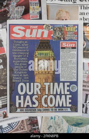 Titelseite der Sonne („Unsere Zeit ist gekommen“) am 31. Januar 2020 an dem Tag, an dem Großbritannien aus der Europäischen Union einen „Brexit“ machen wollte. Stockfoto