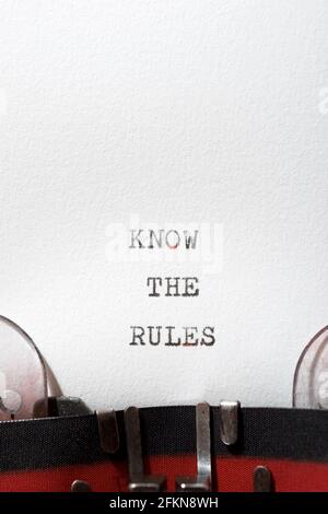 Kennen Sie den Regelsatz, der mit einer Schreibmaschine geschrieben wurde. Stockfoto