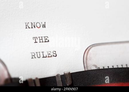 Kennen Sie den Regelsatz, der mit einer Schreibmaschine geschrieben wurde. Stockfoto
