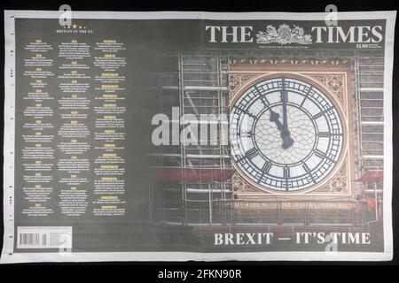 Vollständige Titelseite der Times am 31. Januar 2020 an dem Tag, an dem Großbritannien aus der Europäischen Union einen „Brexit“ machen wollte. Stockfoto