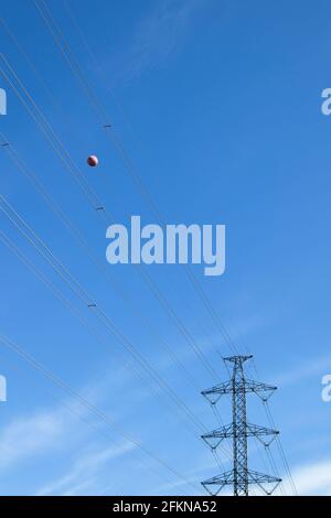 Einzelne orange Warnkugel auf elektrischer Linie gegen blauen Himmel Stockfoto