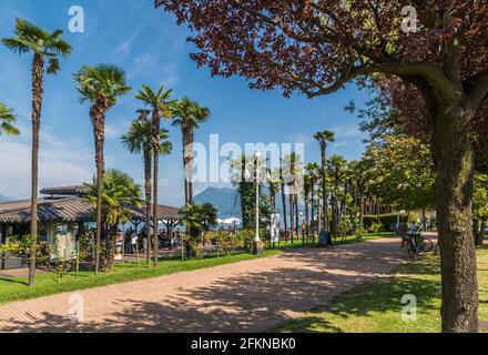 Restaurant am See und Palmenpromenade in Stresa, Lago Maggiore, Piemont, Italien, Europa Stockfoto