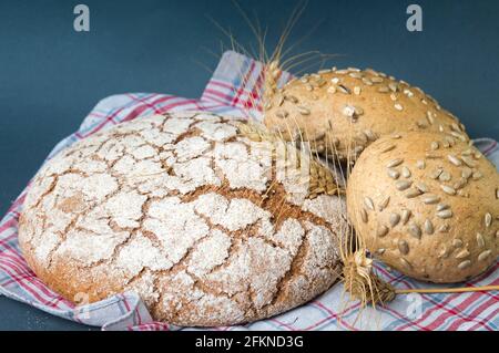 Roggenbrot Brote und Weizen Pflanze auf Tischdecke Stockfoto