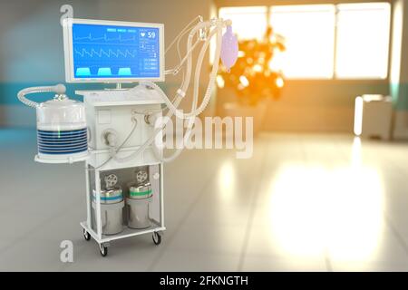 Medizinische 3D-Illustration, künstlicher Lungenventilator auf der Intensivstation mit fiktivem Design in Therapieklinik mit selektivem Fokus - Kampf covid-19 Konzept Stockfoto