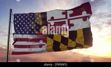 Maryland und USA Flagge auf Fahnenmast. Die USA und Maryland Mixed Flag winken im Wind. 3d-Rendering Stockfoto