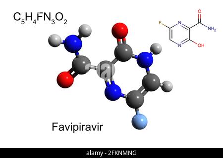 Chemische Formel, Skelettformel und 3D-Ball-and-Stick-Modell von Favipiravir, einem antiviralen Medikament, weißer Hintergrund Stockfoto