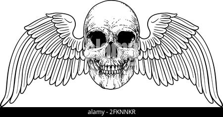 Winged Skull Vintage Holzschnitt Abbildung Stock Vektor