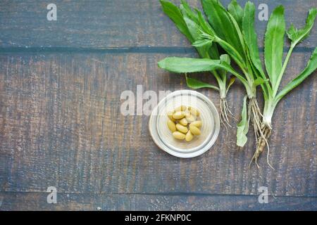 Kräutermedizin in einem kleinen Glasbehälter und Kräuter auf dem Tisch, Stockfoto